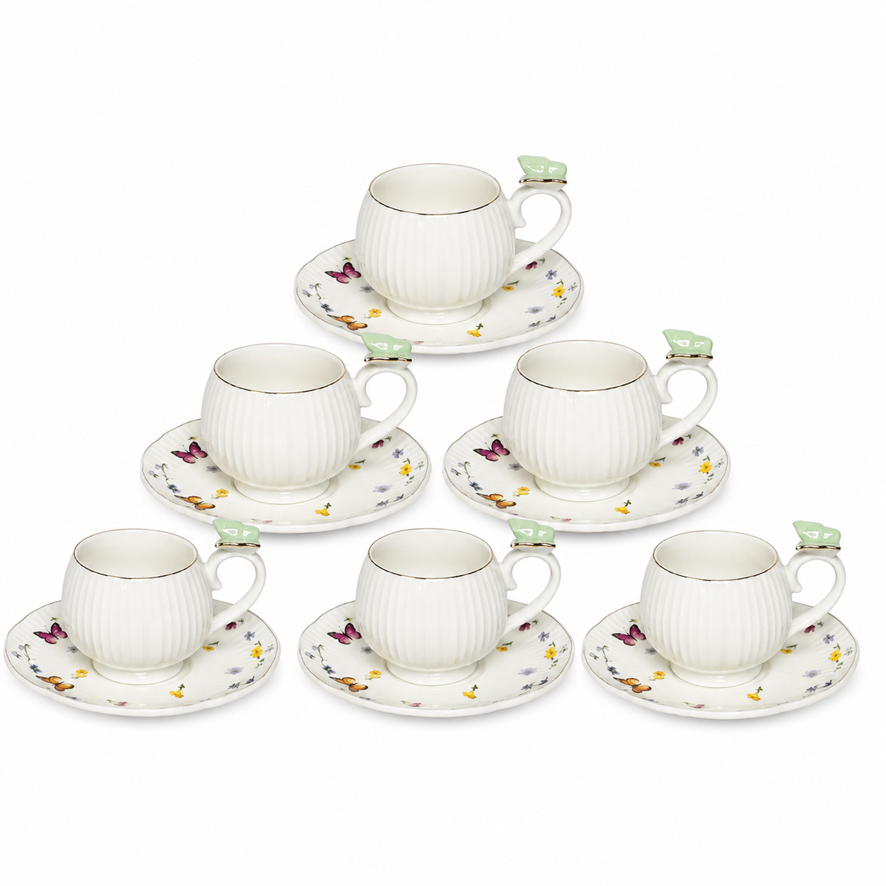 Butterfly Handle Tea Cup & Saucer Set 12 Piece
