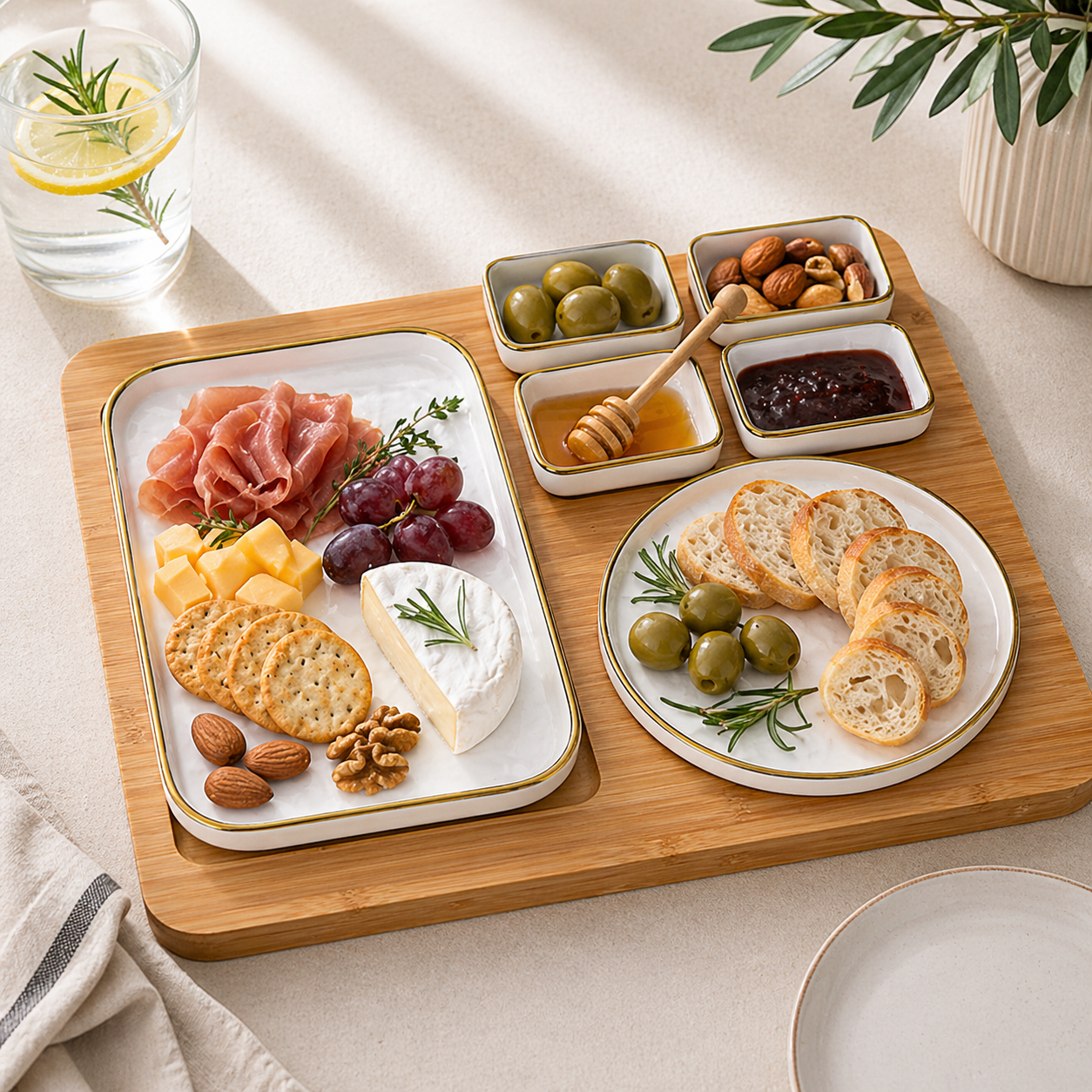 Grand Platter Set with Multi Bowls & Bamboo Tray