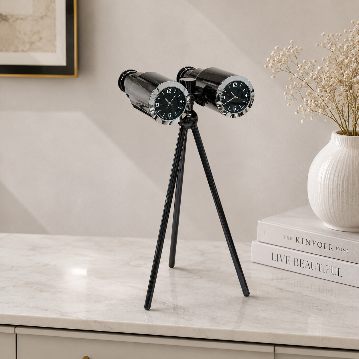 Dual-Face Binocular Tripod Clock in Polished Chrome