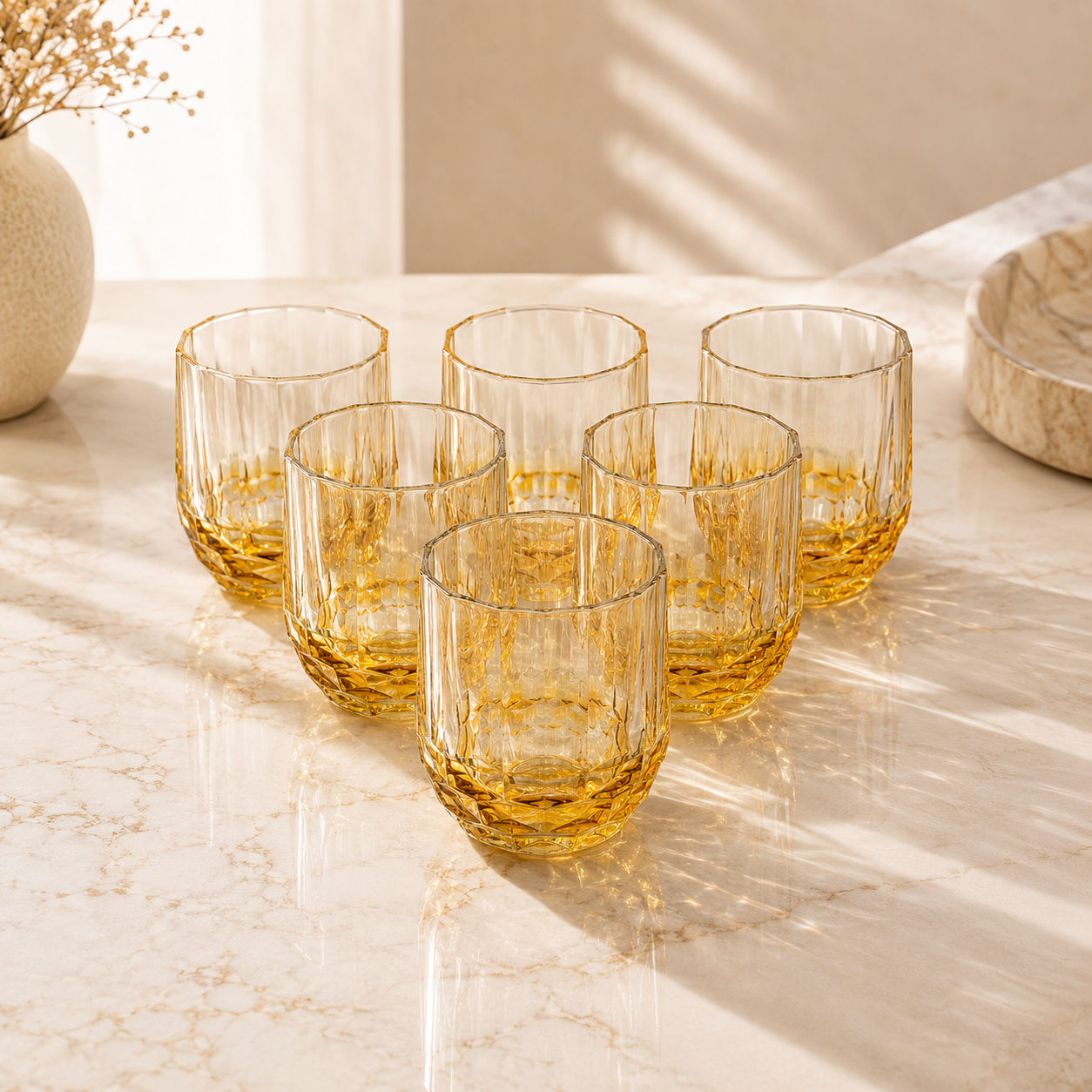 Modern Amber & Blue Faceted Glass Set of 6