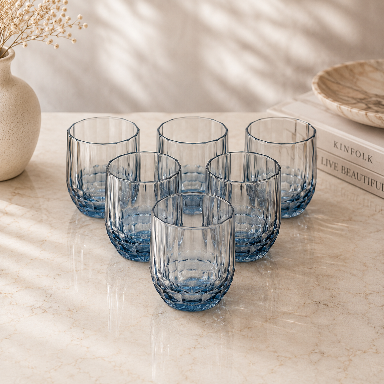 Modern Amber & Blue Faceted Glass Set of 6