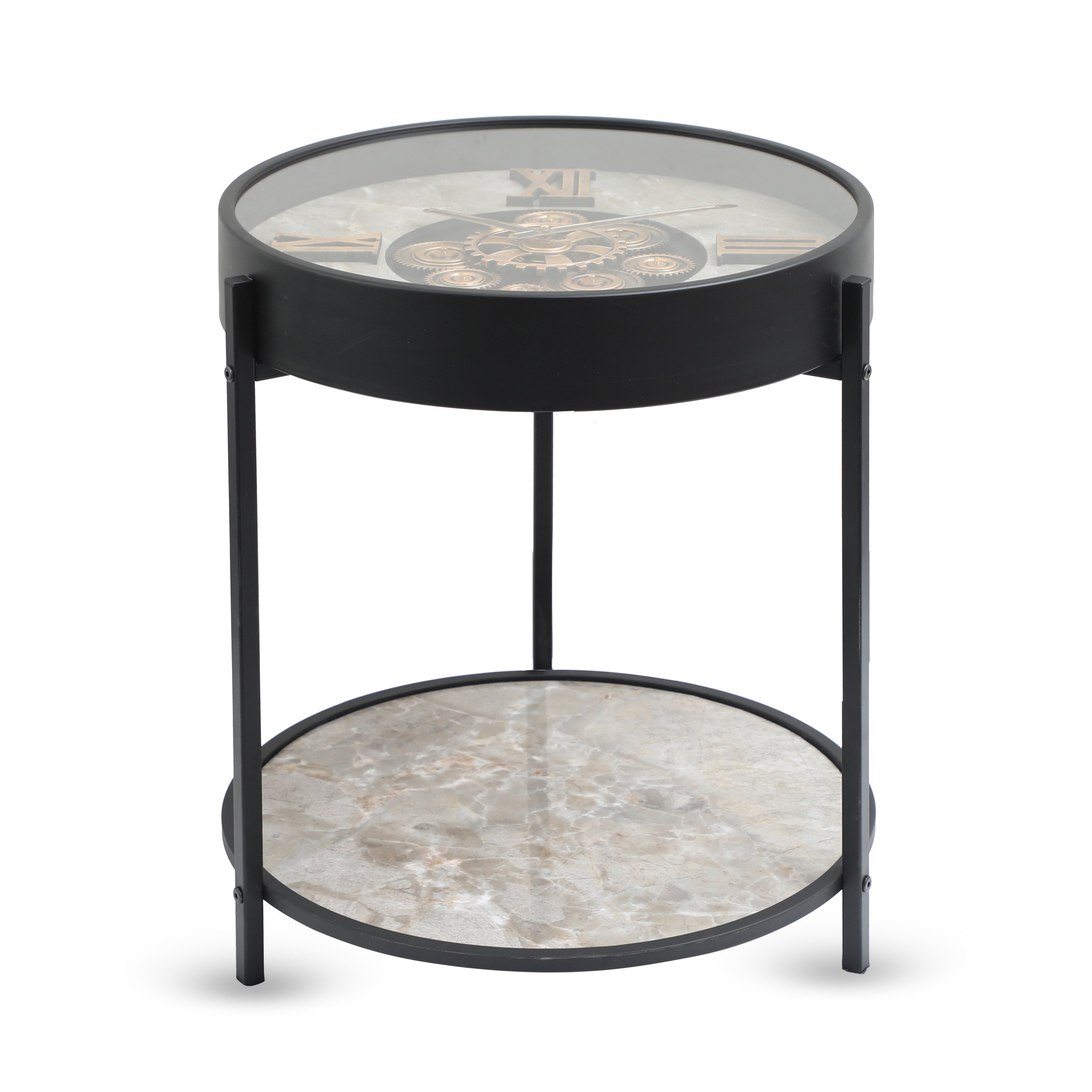 Vintage Black Tea Table with Clock Top & Marble Shelf