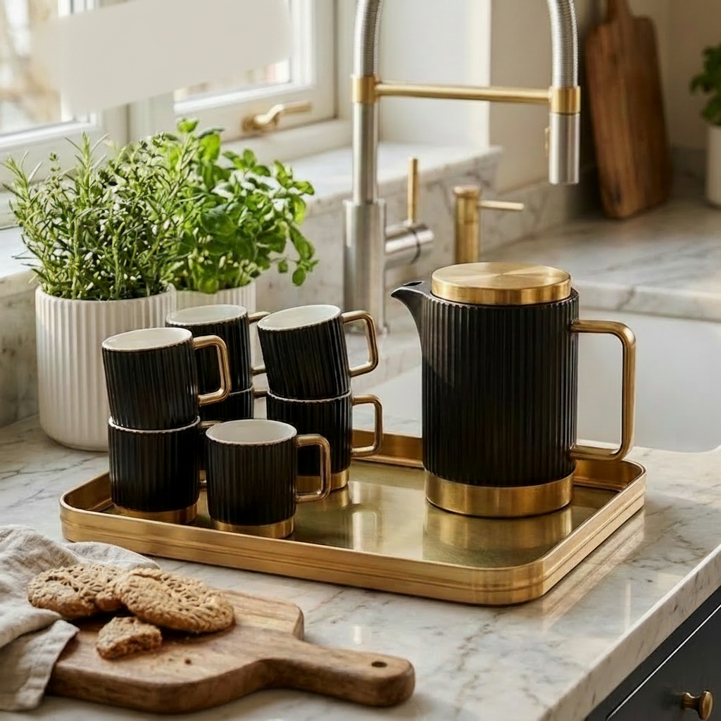 Elegant Gold Textured Ceramic Tea Set 8 piece