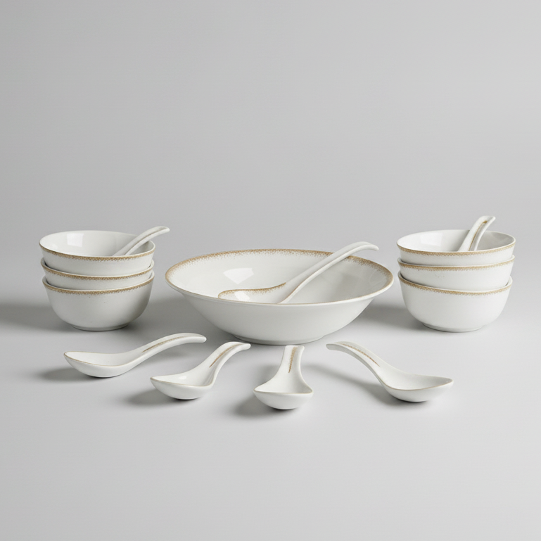 Gold-Rimmed Soup Set with Serving Spoons