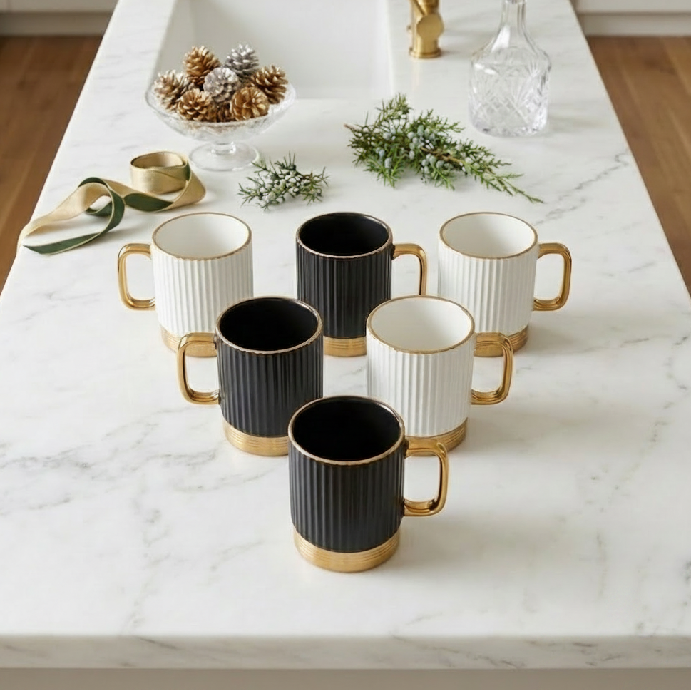 Gold Trim Matte Black & White Mugs with Saucers Set of 6