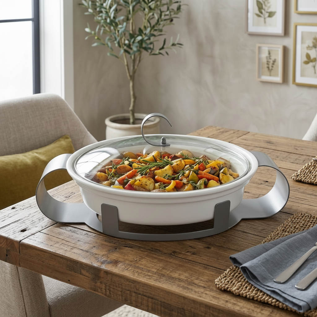 Minimalist Ceramic Chafing Dish with Glass Lid & Stand