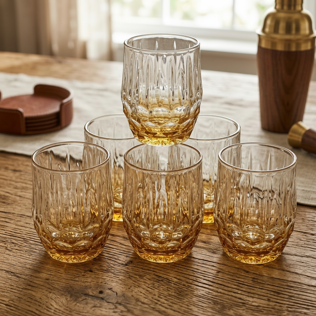 Amber Honeycomb Sculpted Glass Set Set of 6