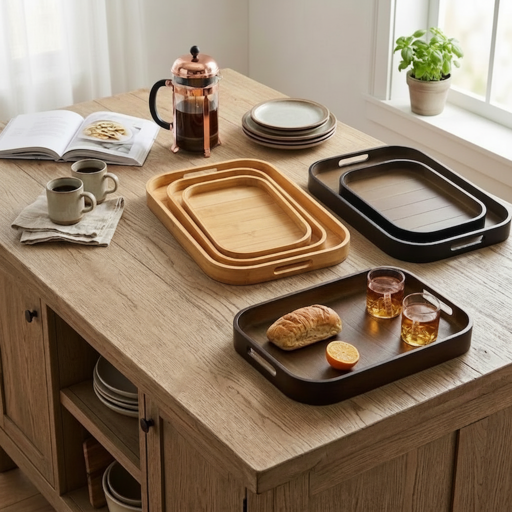 Elegant Bamboo Serving Trays 3 Piece Set