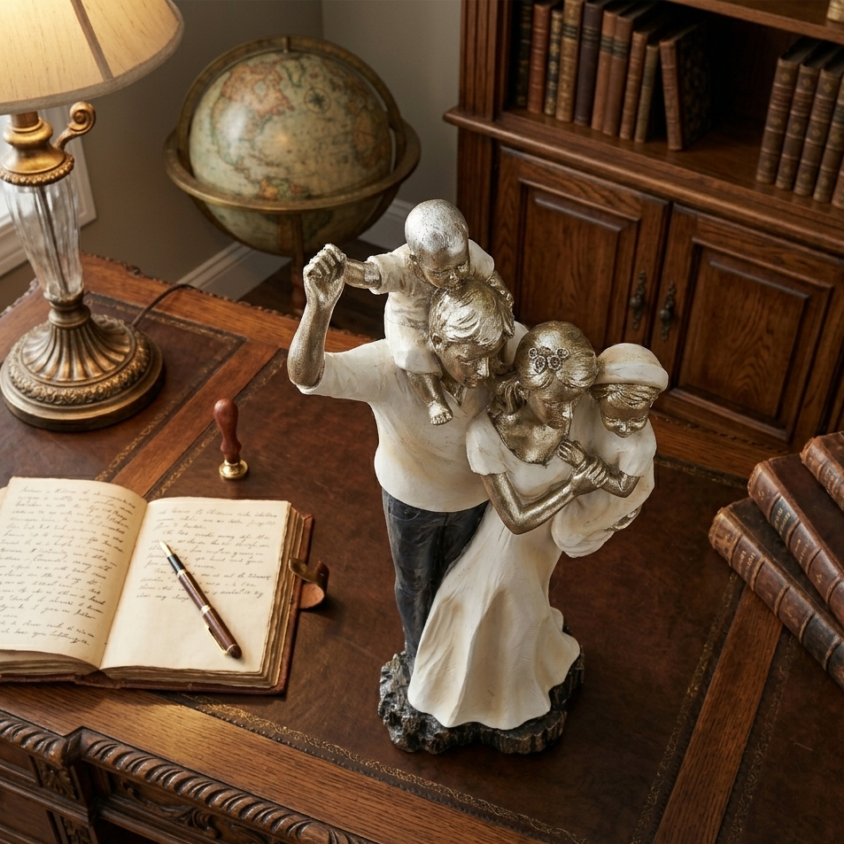 Bronze and White Family Sculpture with Gold Accents