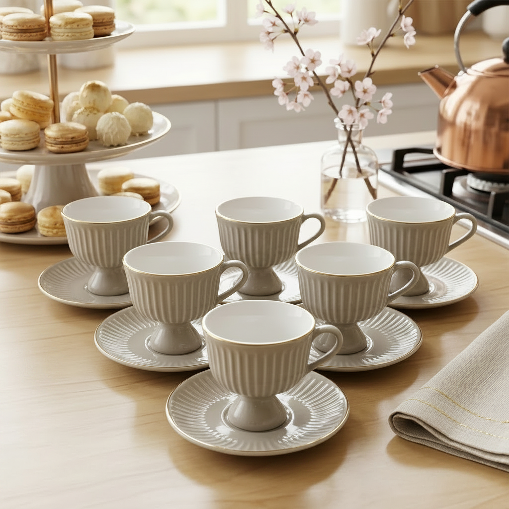 Elegant Gold Rim Teacup and Saucer Set of 6