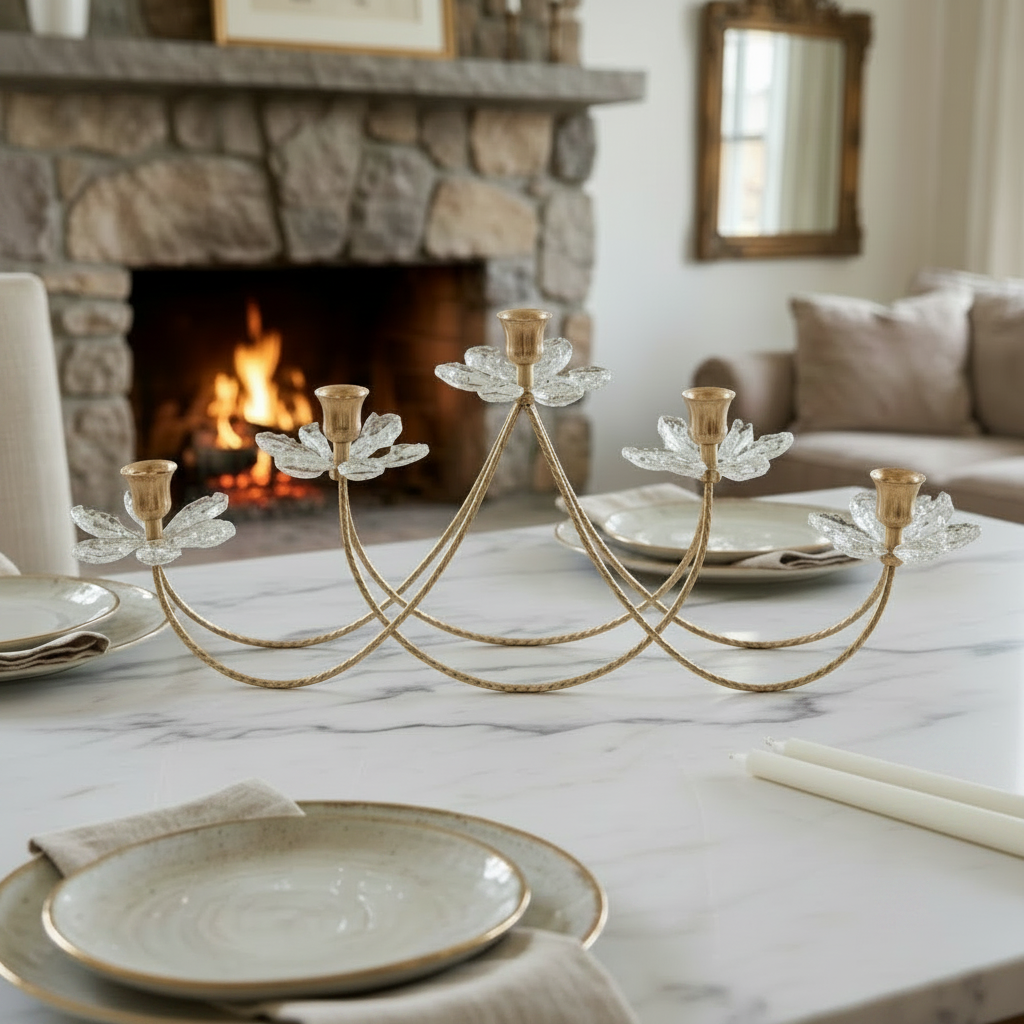 Elegant Textured Metal & Crystal Glass Floral Candle Holder