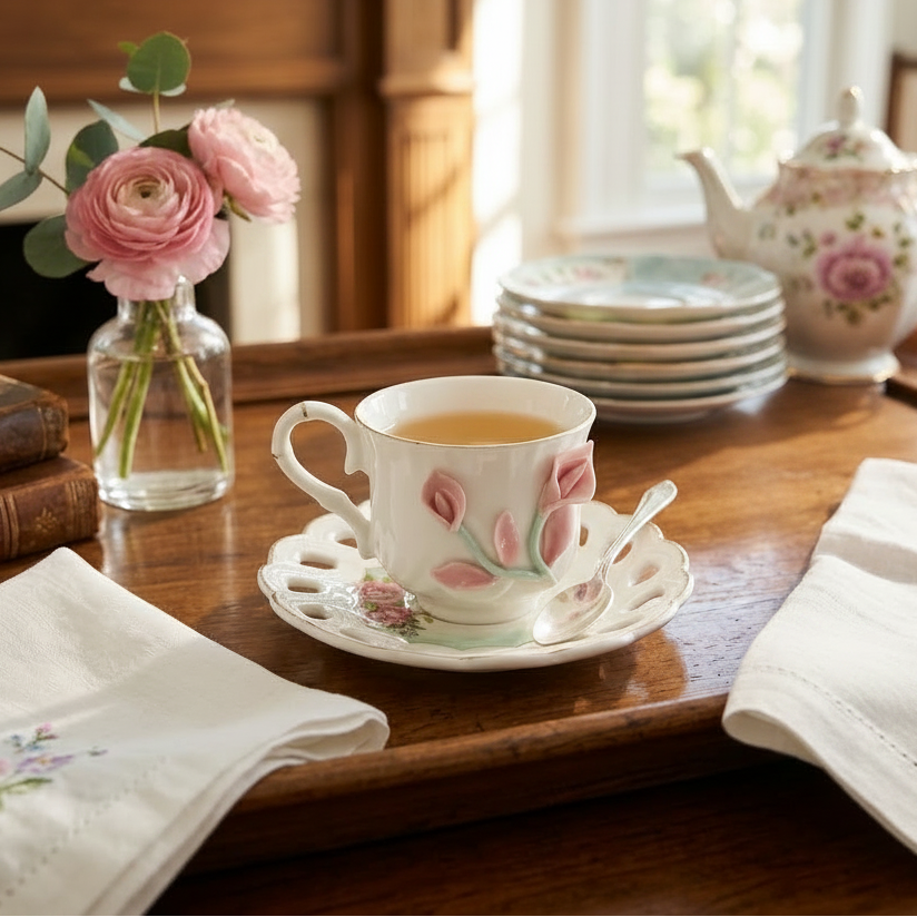 Vintage Sculpted Pink Lily Tea Cup & Saucer Set of 6