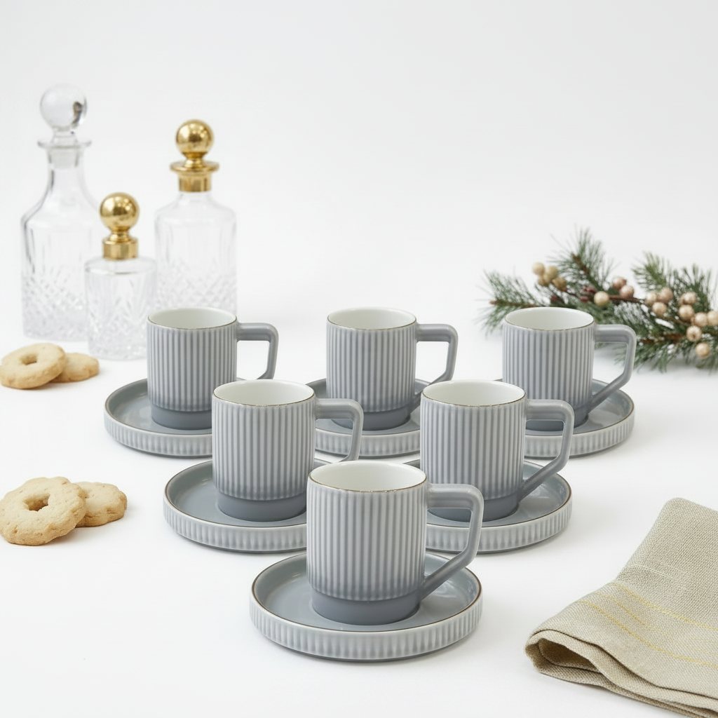 Minimalist Ceramic Cup & Deep Rimmed Saucer Set of 6