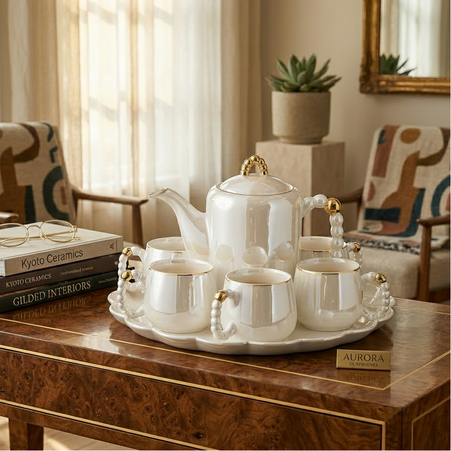Modern Beaded Edges Tea Set With Serving Tray