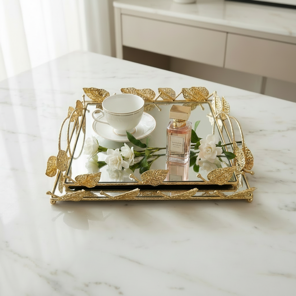 Imperial Gold Leaf Vanity Trays with Mirrored Bases Set of 2