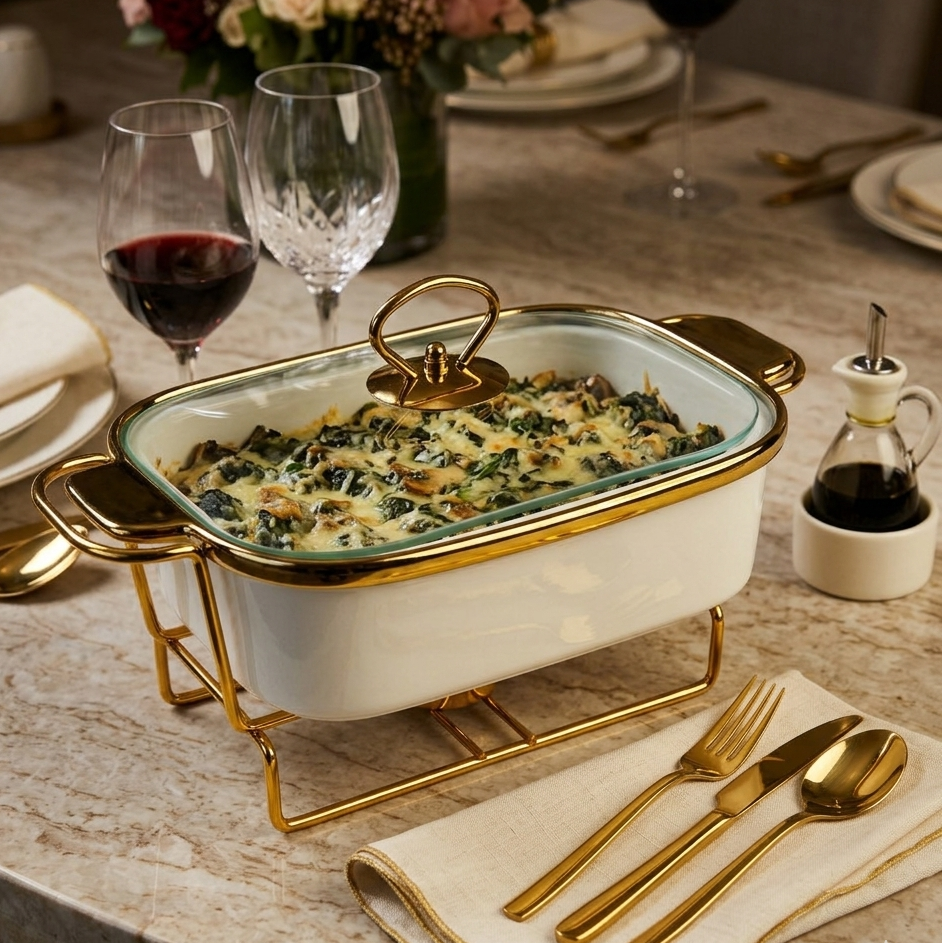 Gold-Trimmed Chafing Dish with Glass Lid and Stand
