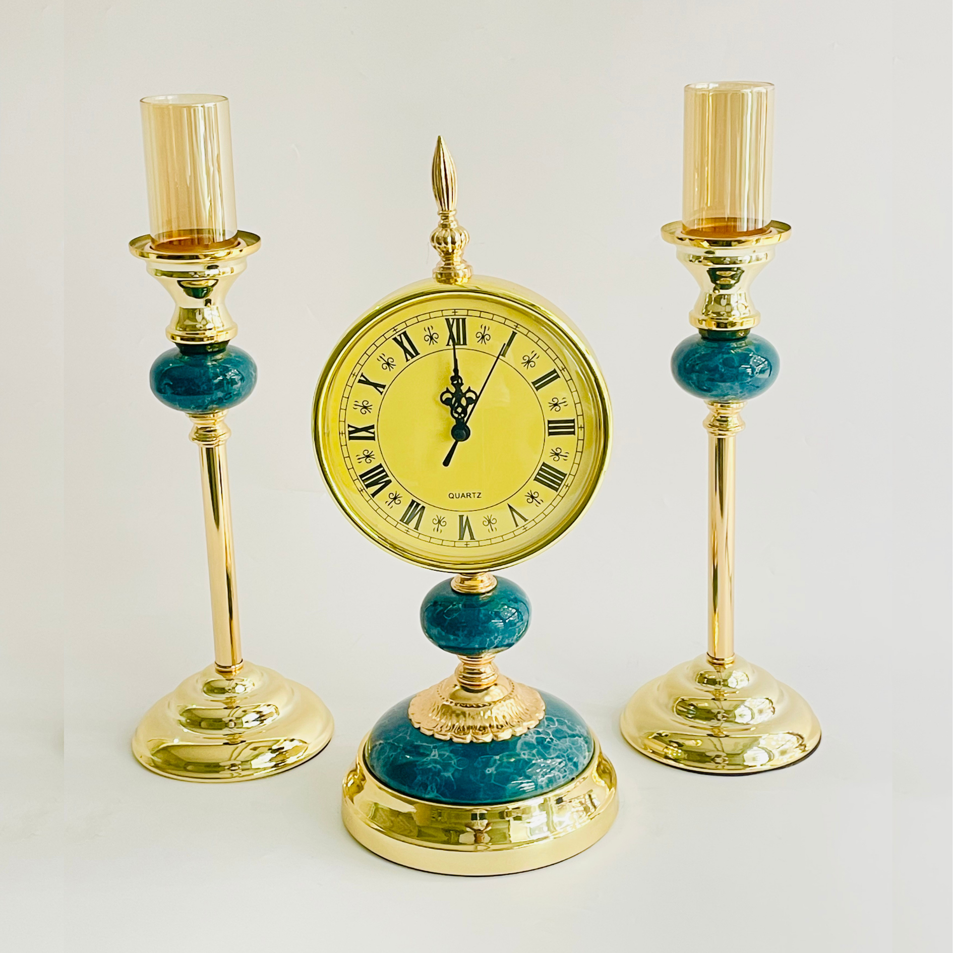 Modern Candle Stand With Clock - 3Pc Set