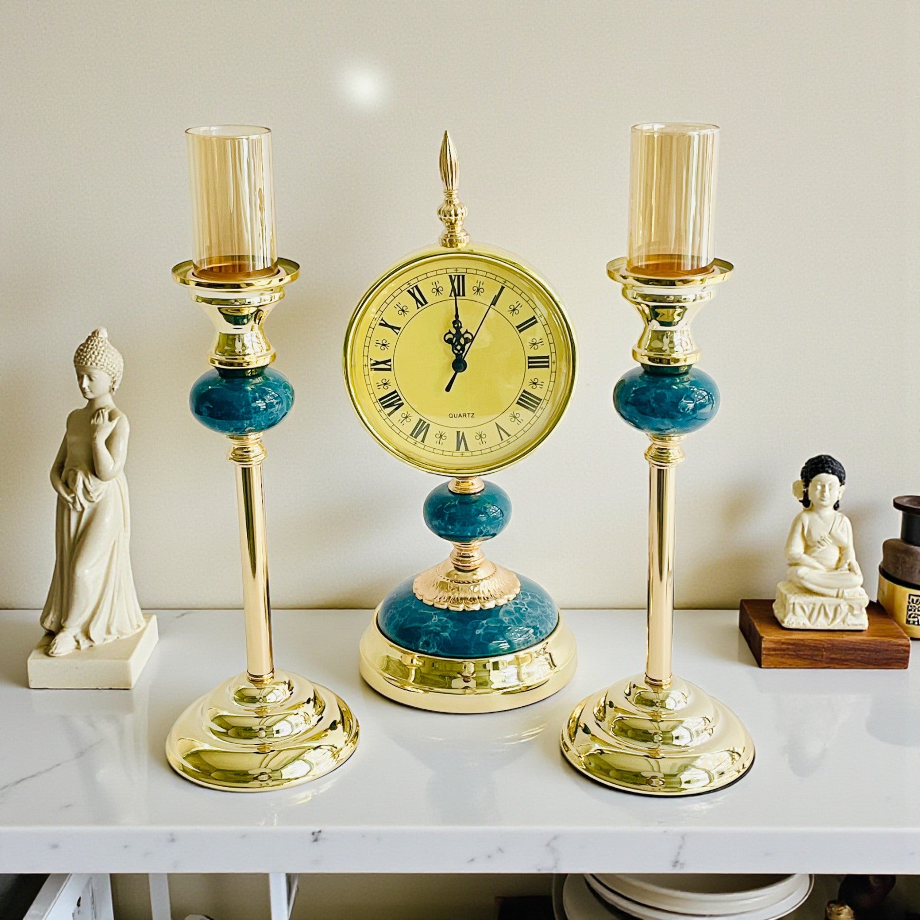Modern Candle Stand With Clock - 3Pc Set