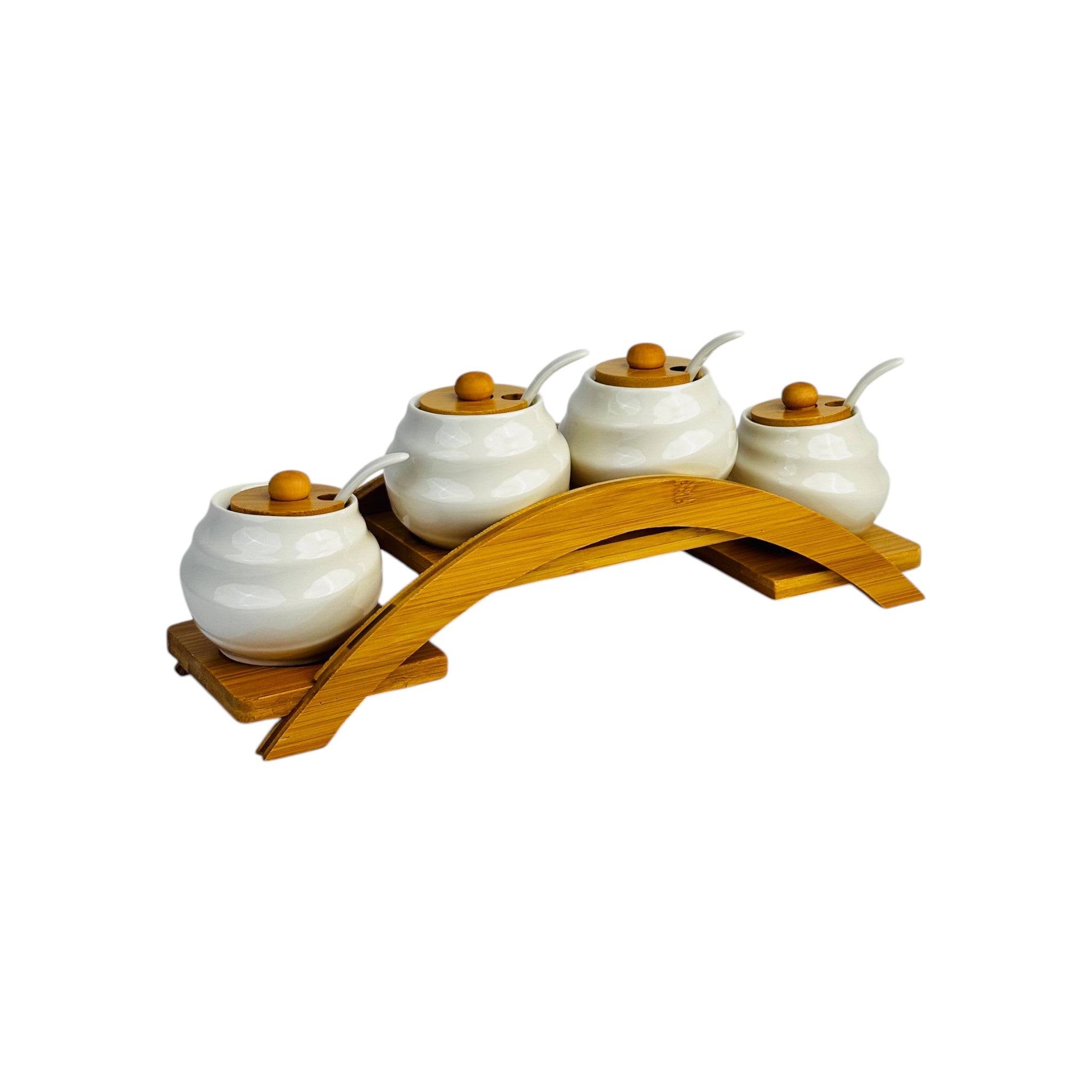 Elegant Ceramic Spice Jar Set with Wooden Stand (4-Piece)