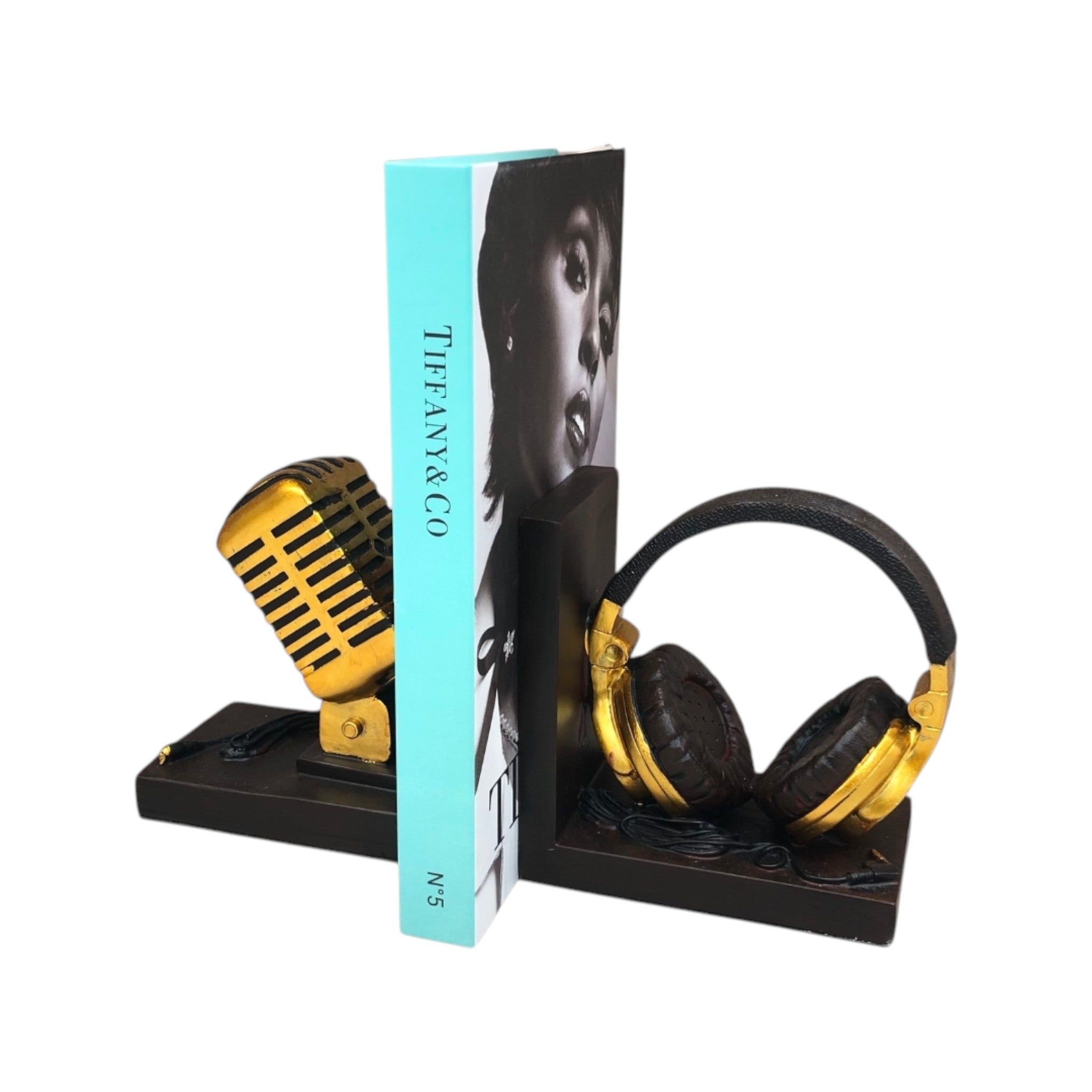 Golden Microphone & Headphone Bookends – Music Lovers’ Decor