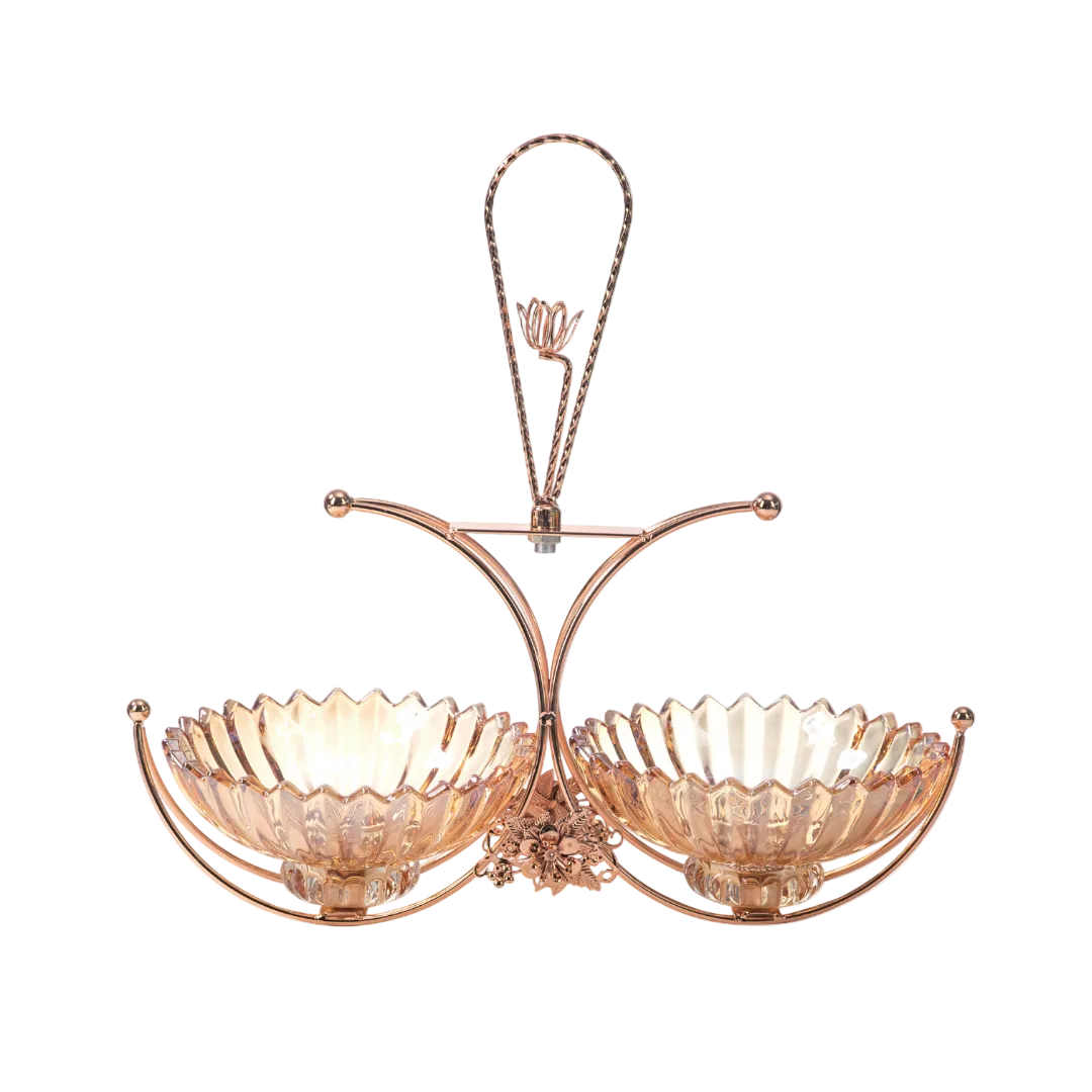 Elegant Double Serving Bowl with Rose Gold Floral Stand