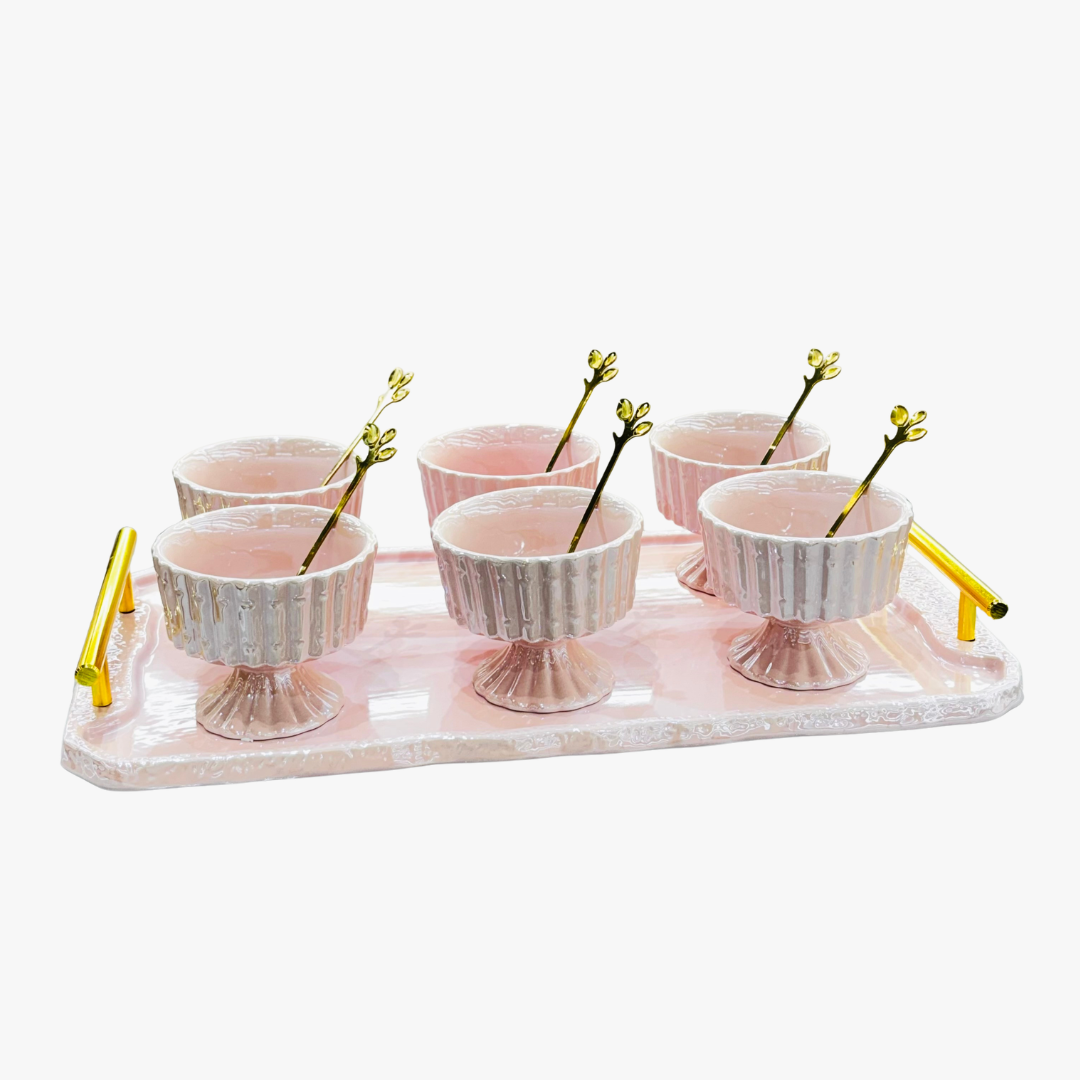 Elegant Ice Cream Cups with Gold Leaf Spoons & Tray 13 Piece