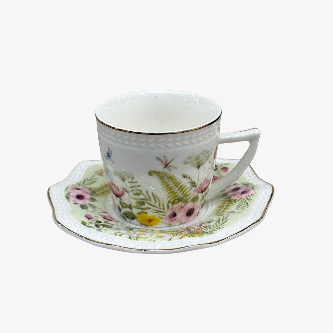 Elegant Metallic Gold Trim Cup & Saucer Set of 6