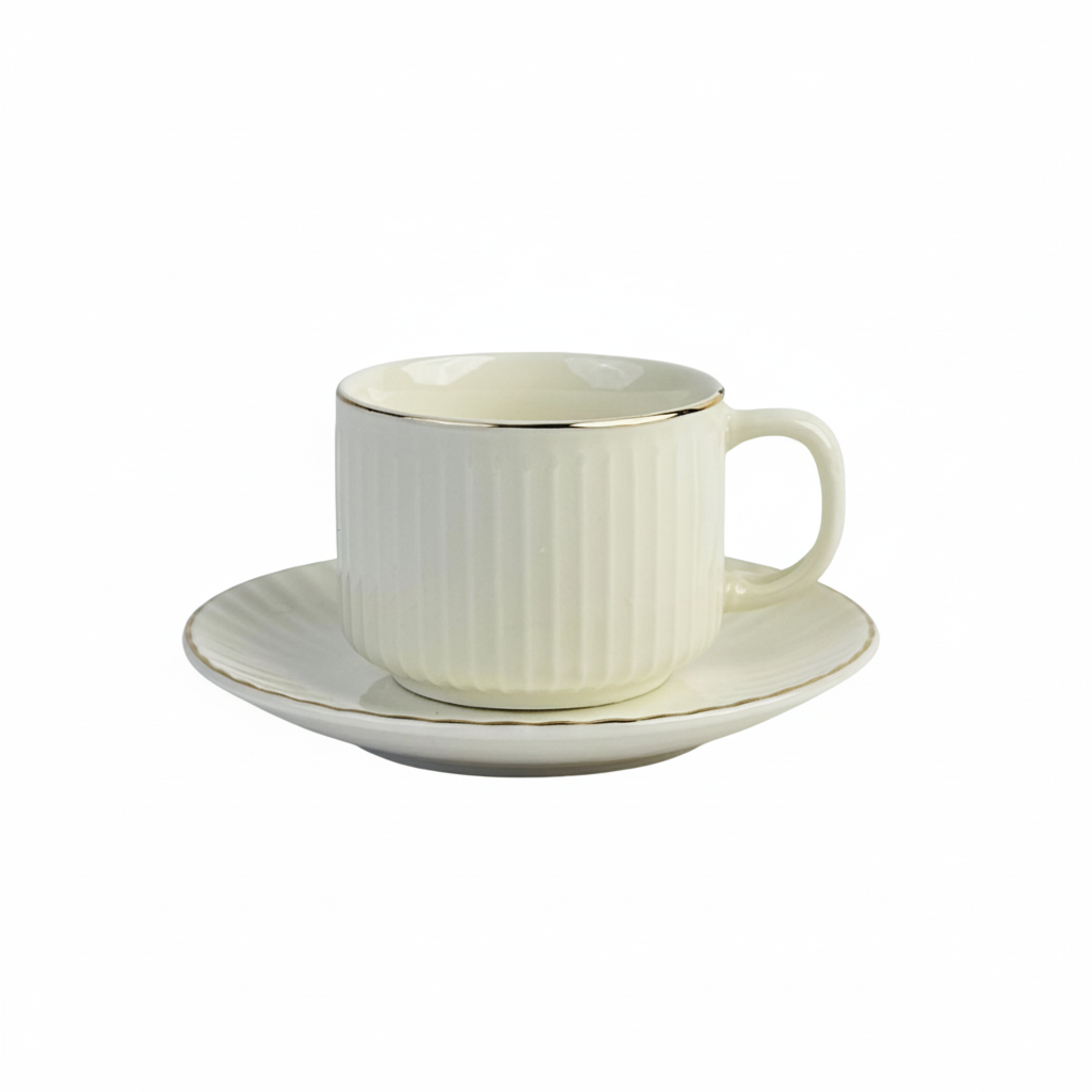 Ivory Tea Cup & Saucer Set with Gold Rim Set of 6