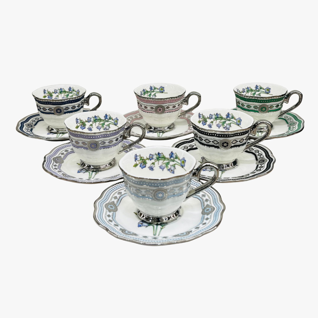 Elegant Floral Cups with Scalloped Saucers & Silver Base Set of 6