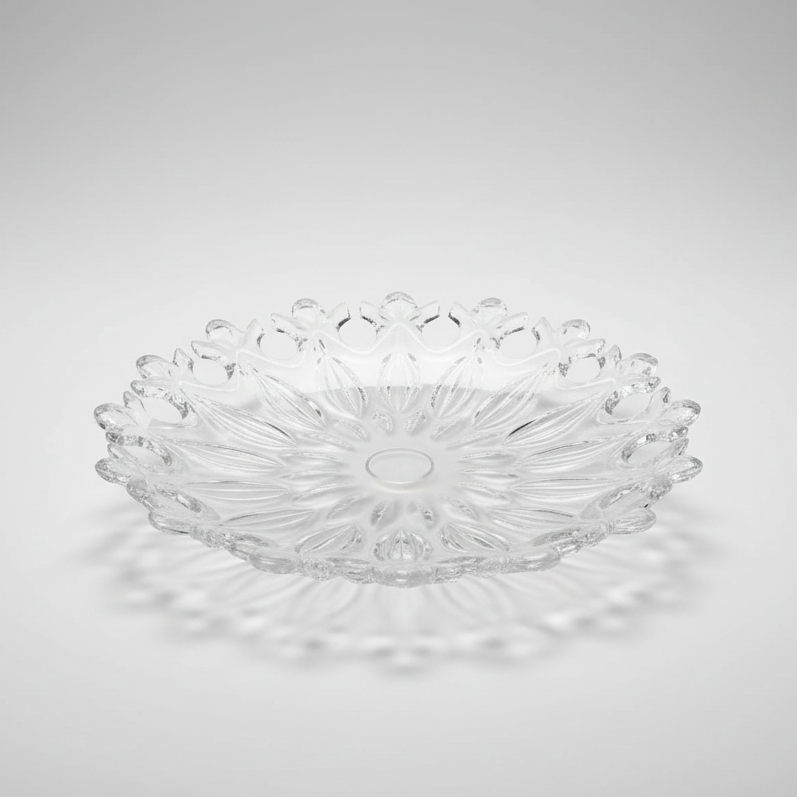 Diamond Cut Glass Round Serving Dish with Scalloped Edge 14 Inch