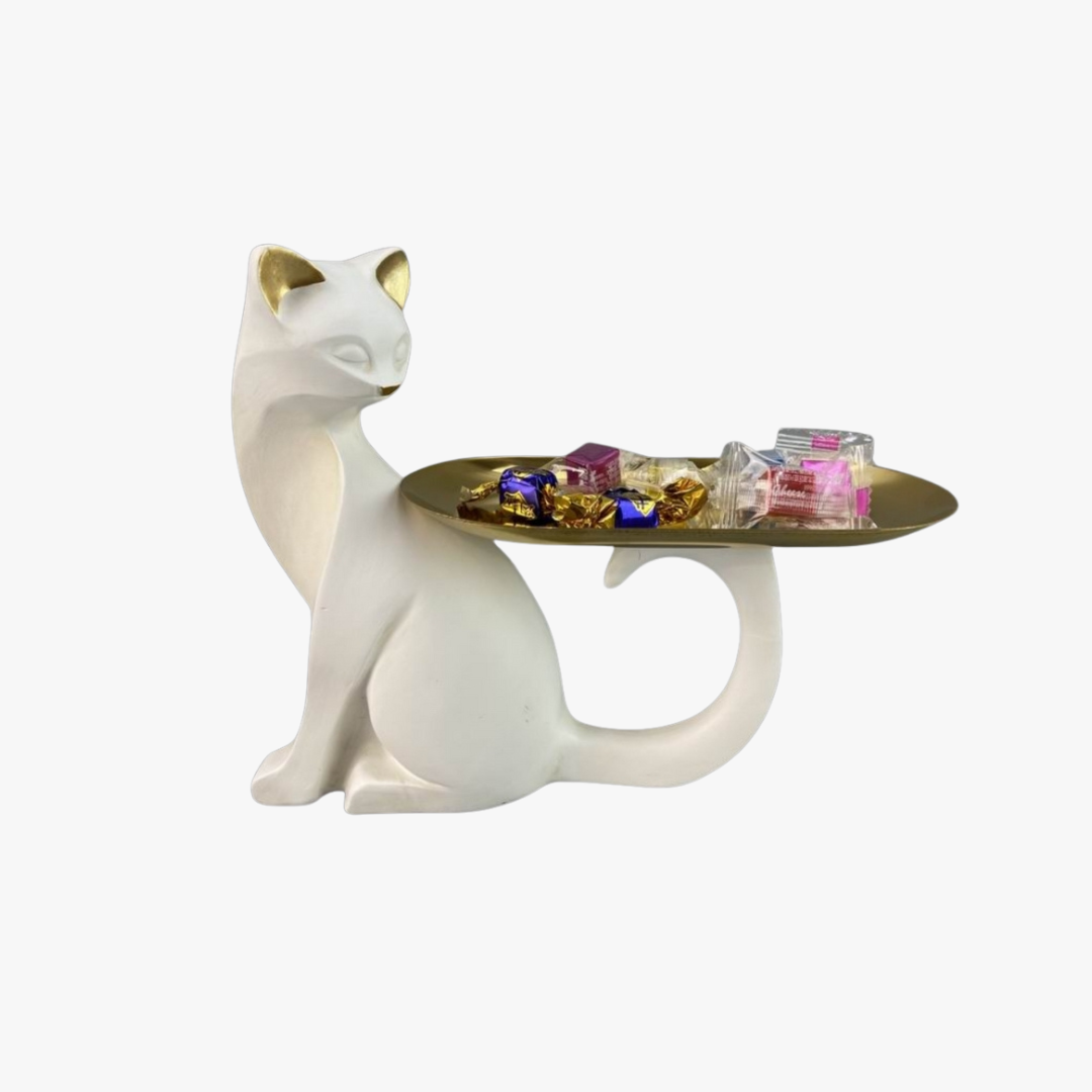 Minimalist Cat Sculpture with Gold Tray