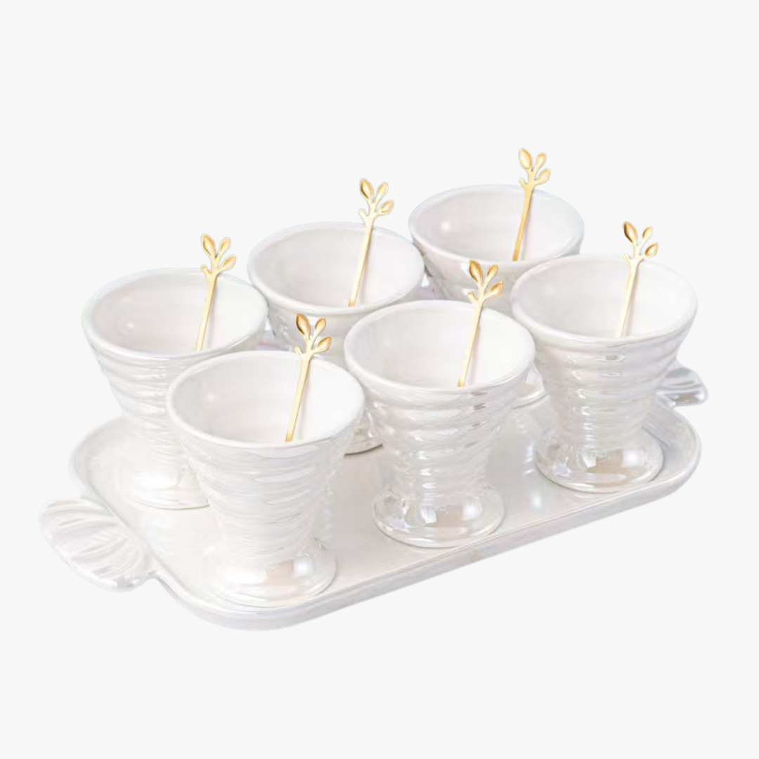 Elegant Ceramic Server Set with Golden Spoons & Tray