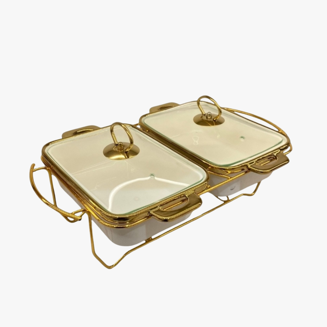 Imperial Double Casserole Dish with Gold Finish Stand Set of 2
