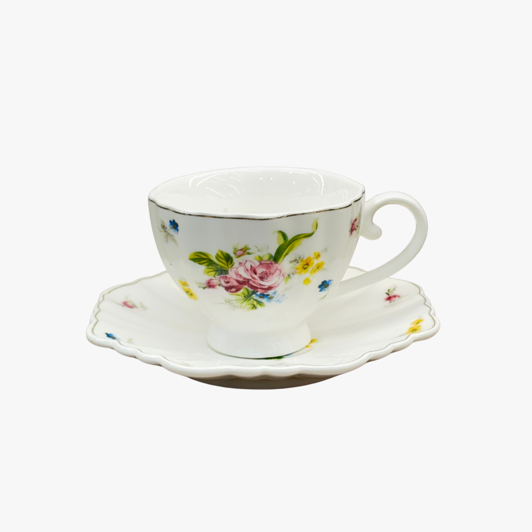 Elegant Floral Tea Cups with Scalloped Saucers Set of 6