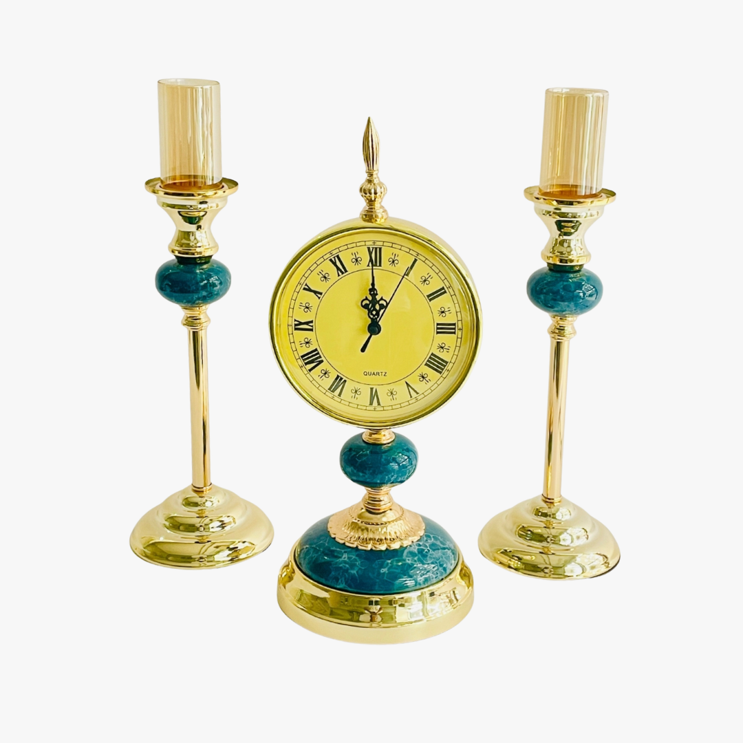 Elegant Quartz Clock & Tw Pillar Candle Holders Set of 3