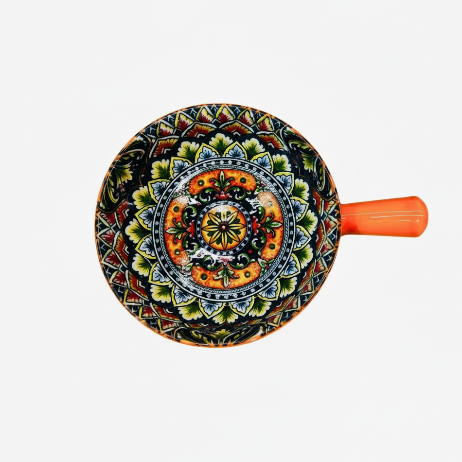 Vibrant Mandala Round Ceramic Serving Bowl with Handle