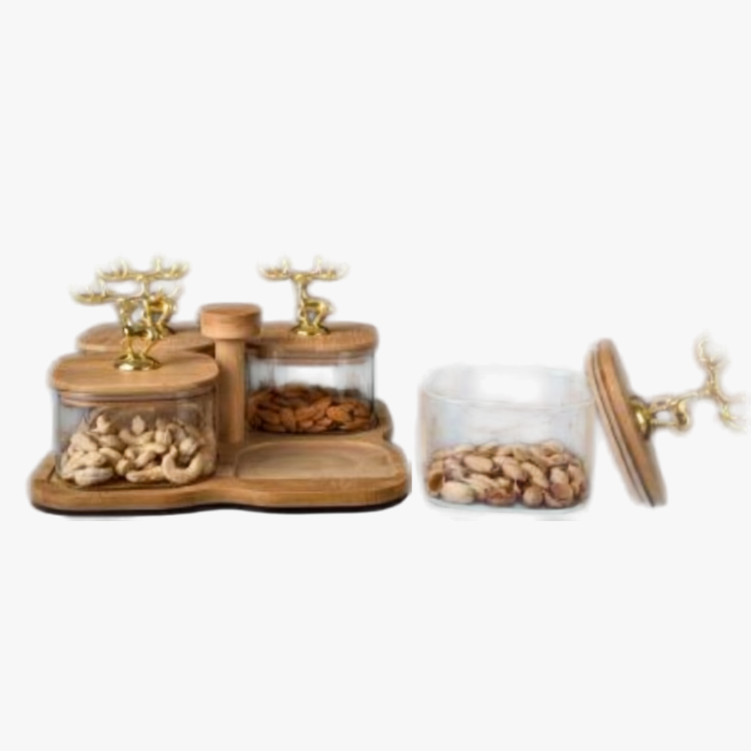 4 Glass Jars with Gold Deer Handle Lids and Carrying Base