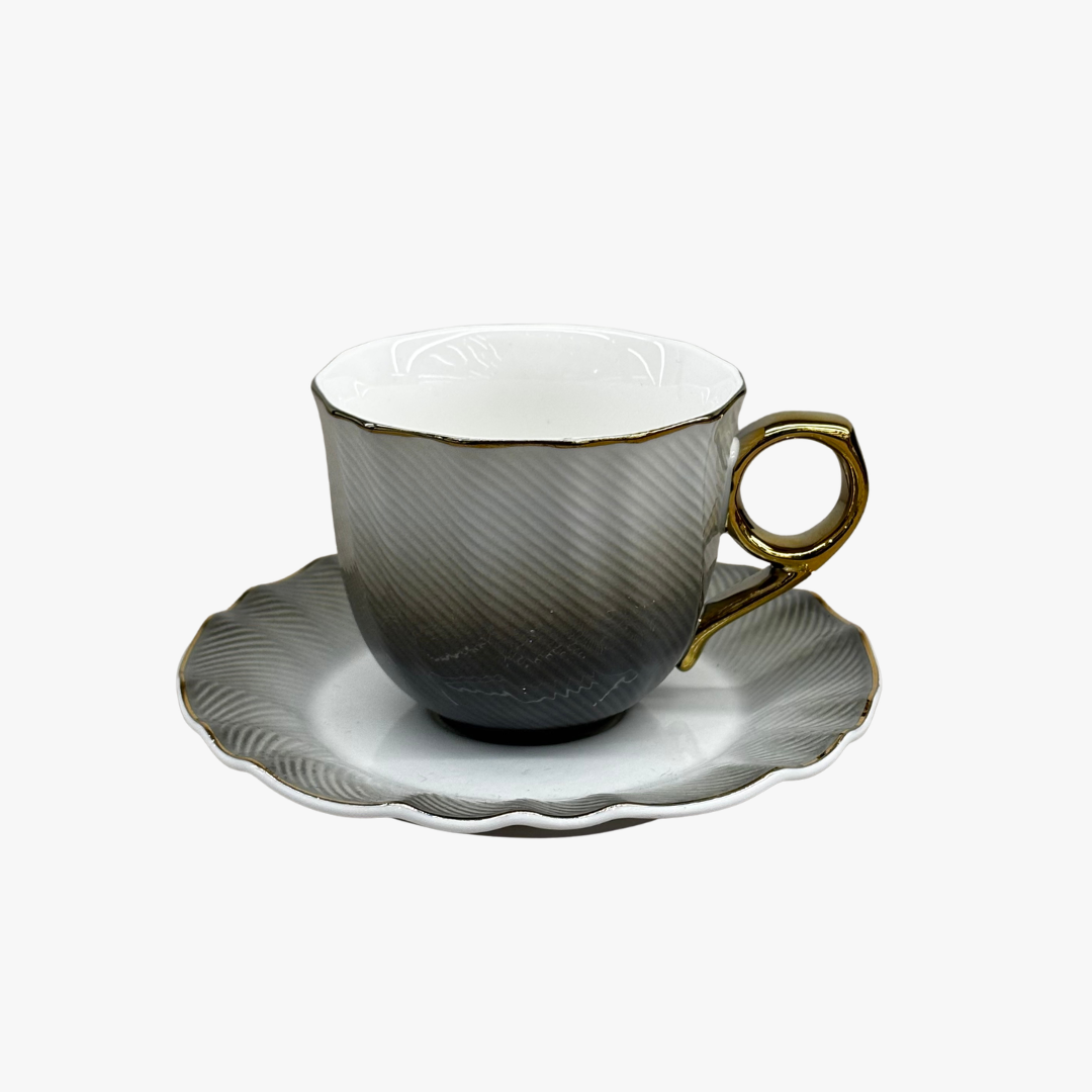 Modern Grey Teacup with Edges Saucer & Gold Handle Set of 6