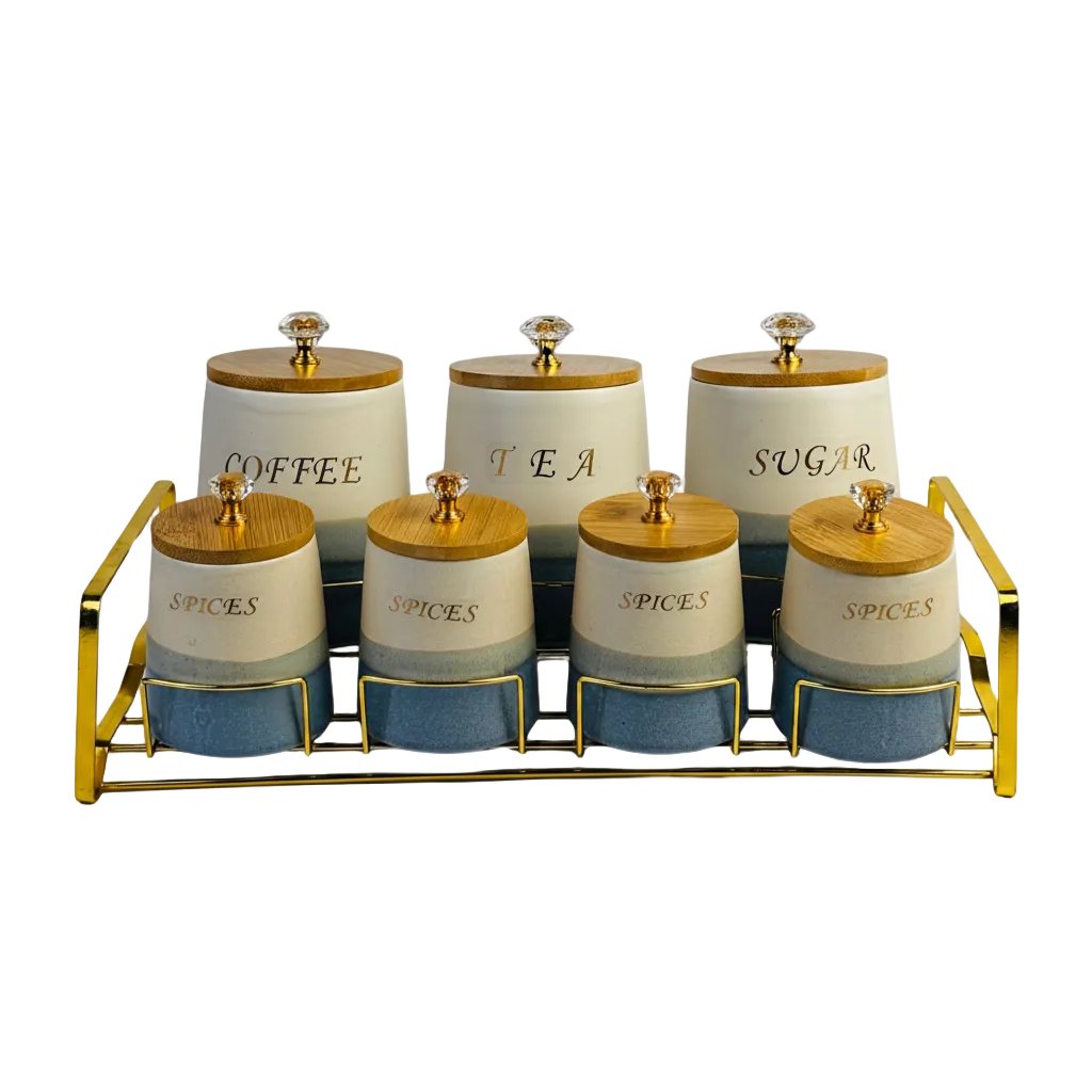 Luxury Kitchen Jar Set with Wooden Lids & Gold Stand