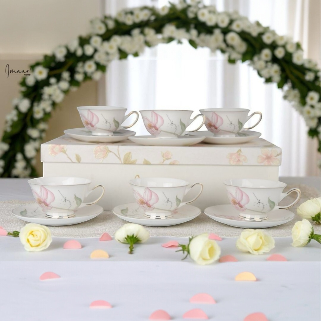 Ivory Mesh Pattern Premium Tea Cups & Saucer - Set of 12