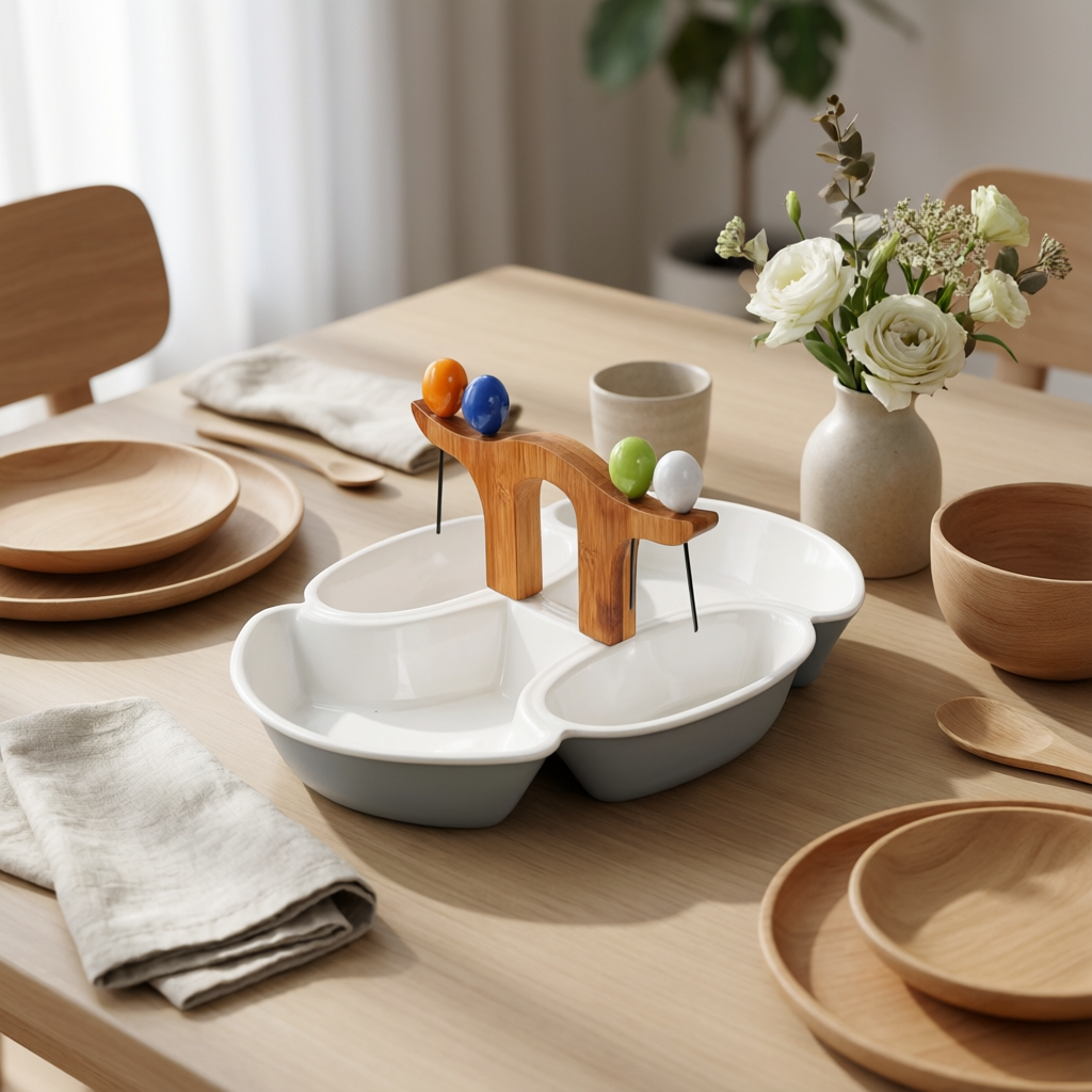 Multi-Compartment Serving Platter with Bamboo Handle & Skewers