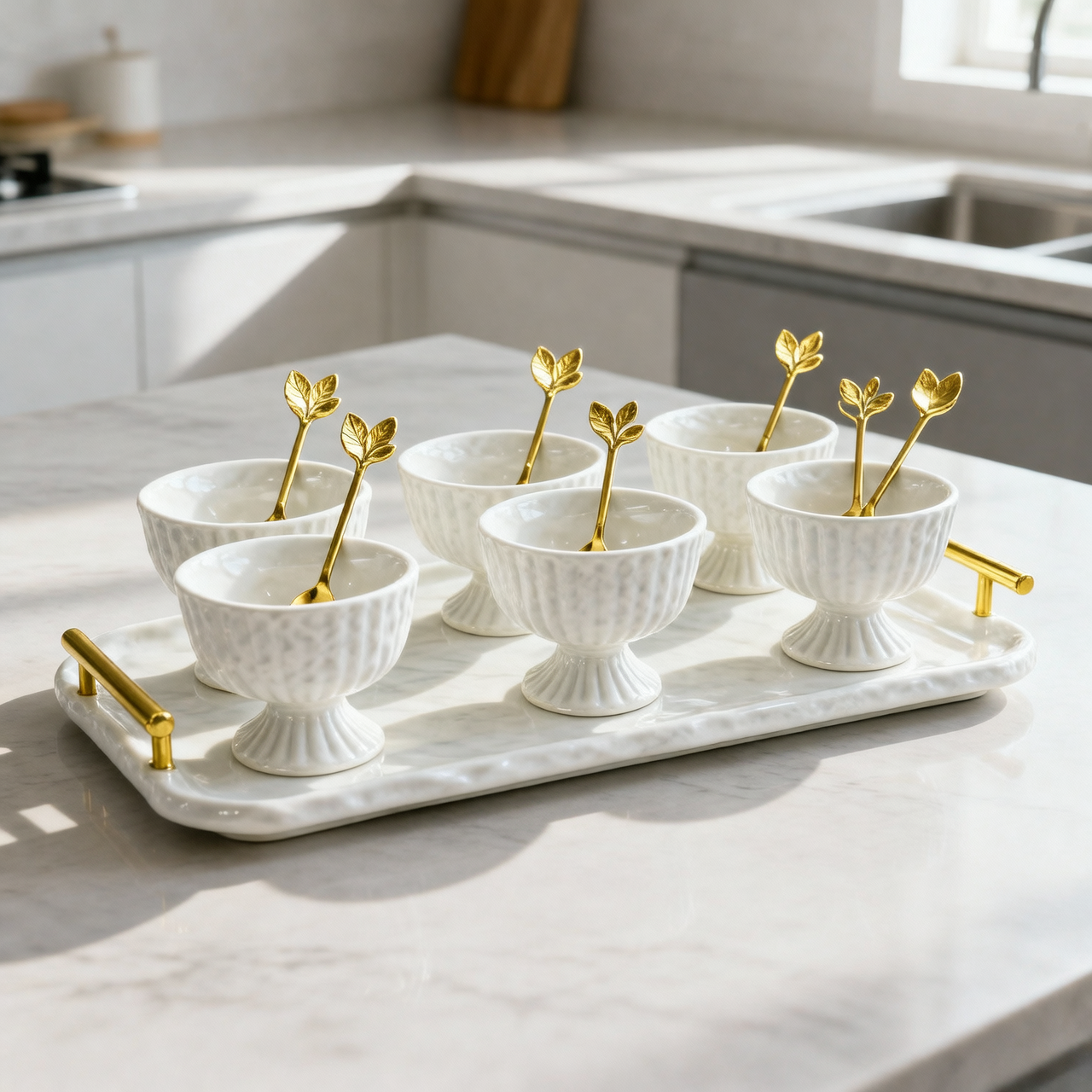 Elegant Ice Cream Cups with Gold Leaf Spoons & Tray 13 Piece