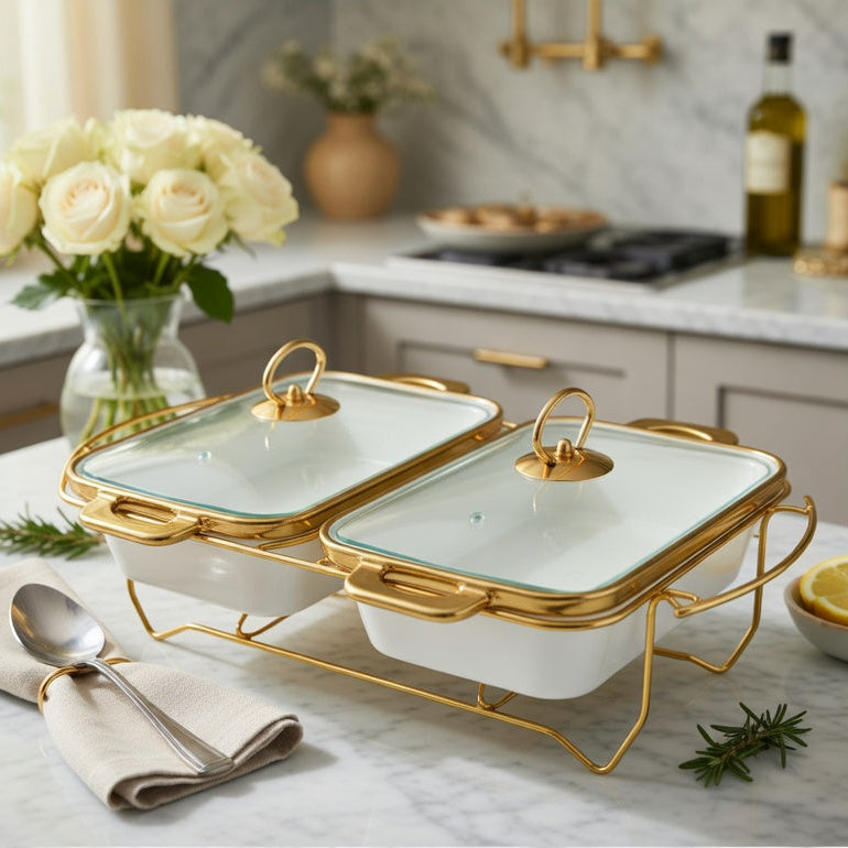 Imperial Double Casserole Dish with Gold Finish Stand Set of 2