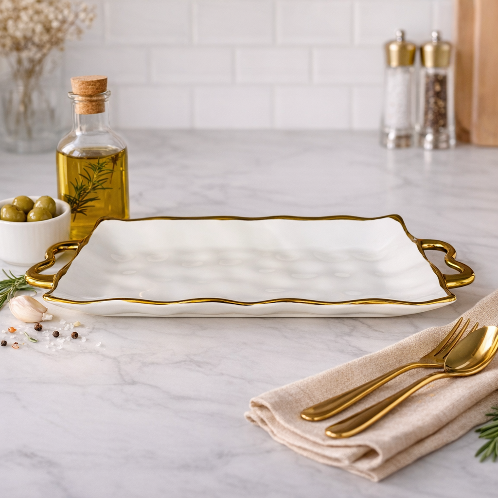 Elegant Gold Edges Ceramic Serving Platter