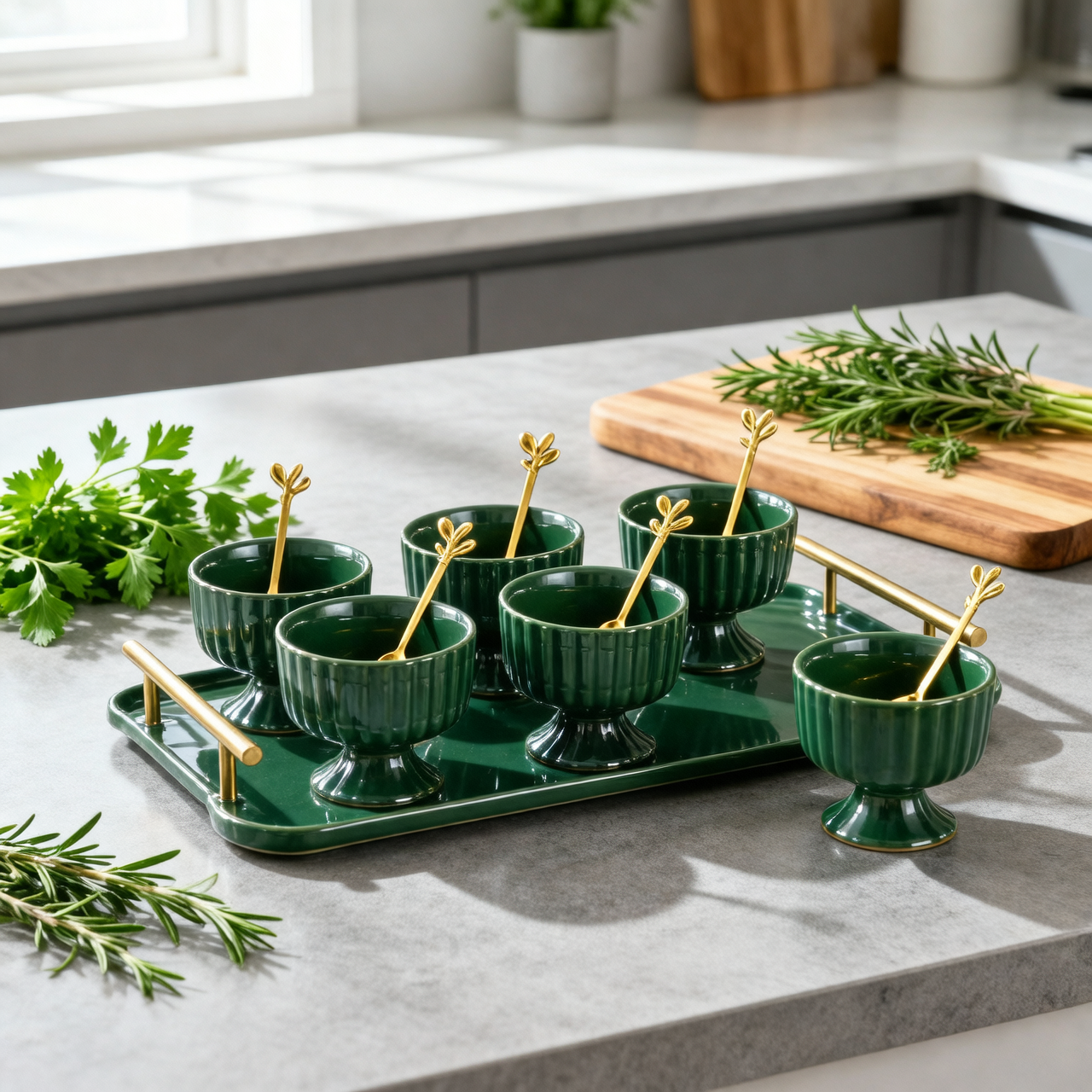 Elegant Ice Cream Cups with Gold Leaf Spoons & Tray 13 Piece