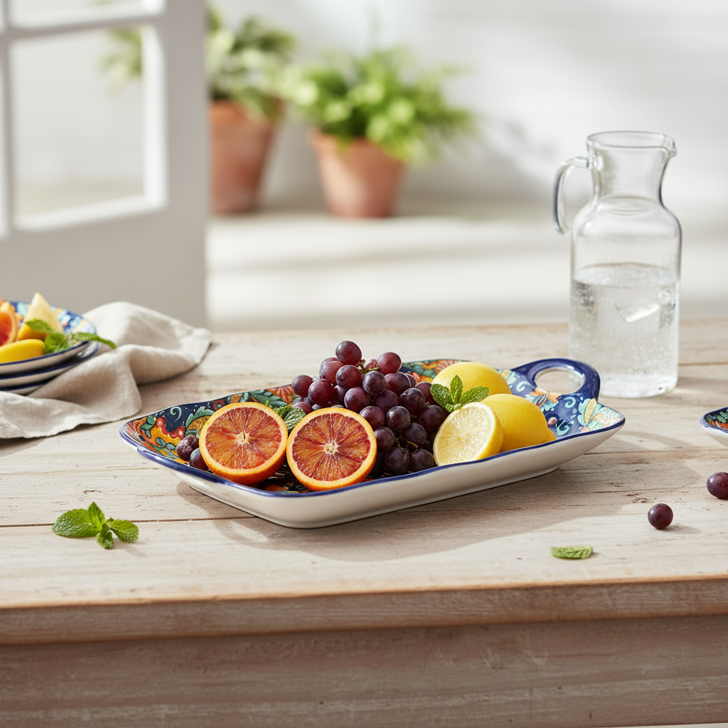 Elegant Blue Rectangular Serving Tray with Handles 13 inch