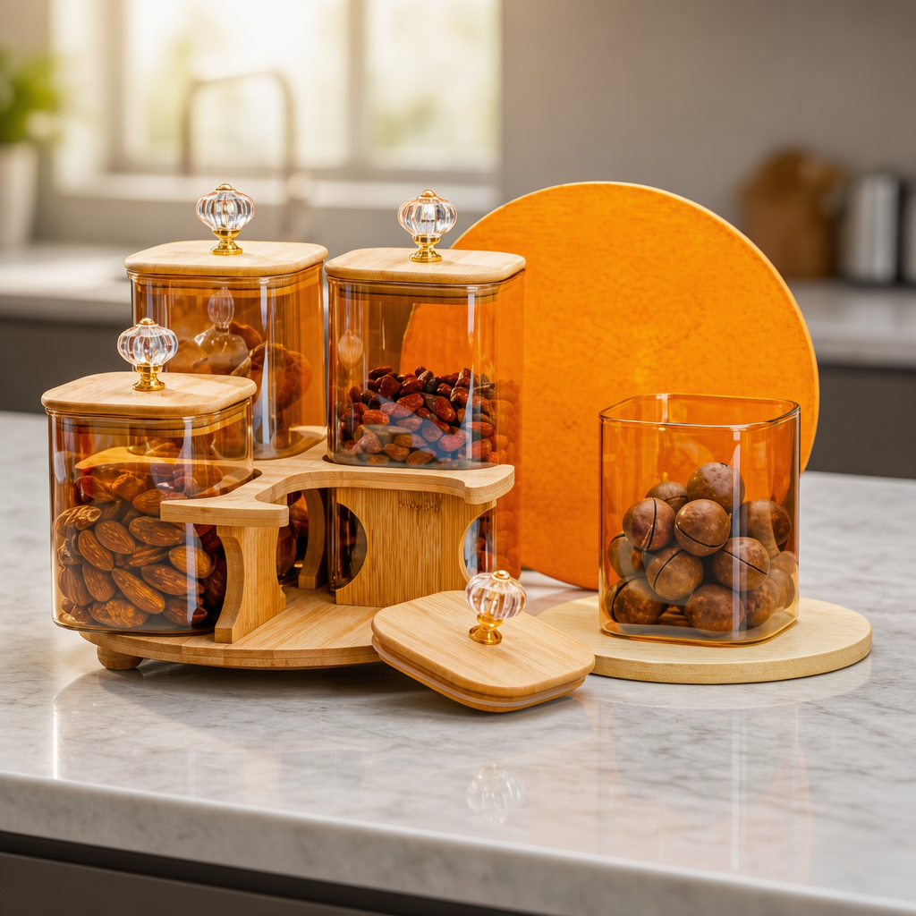 4 Piece Amber Glass Jar Set with Revolving Bamboo Tray