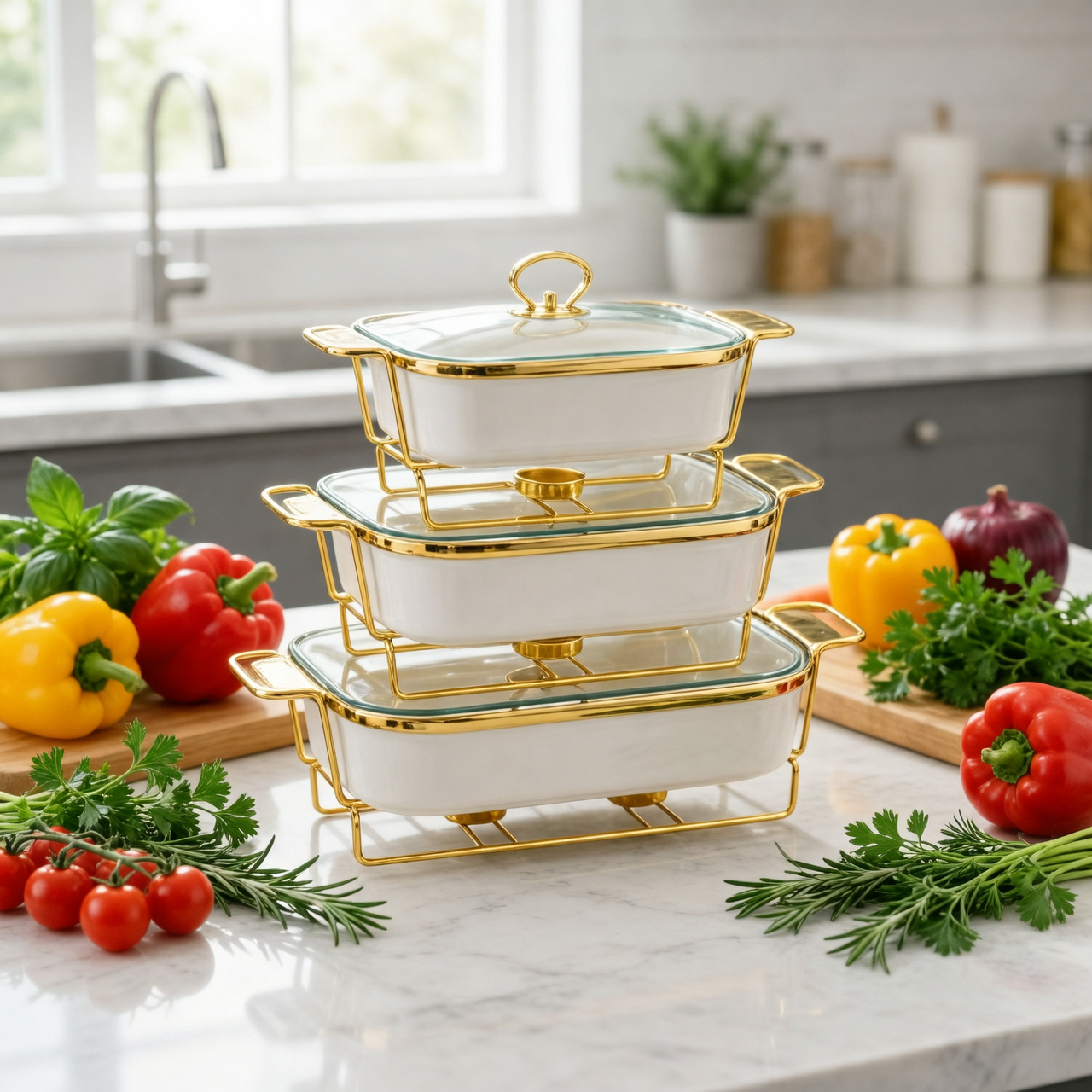 Elegant 3-Tier Ceramic Chafing Dish Set with Gold Stand Set of 3