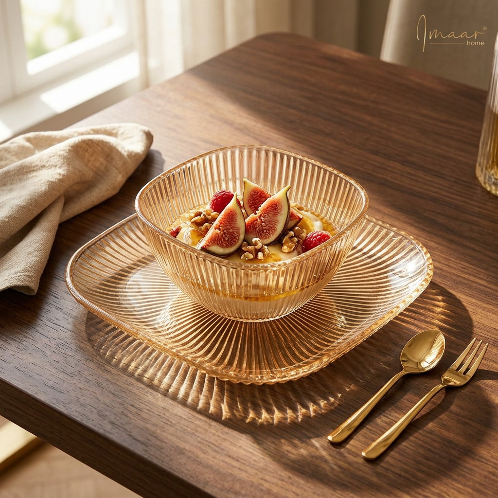 Amber Glass Bowl & Square Plate Service Set of 6