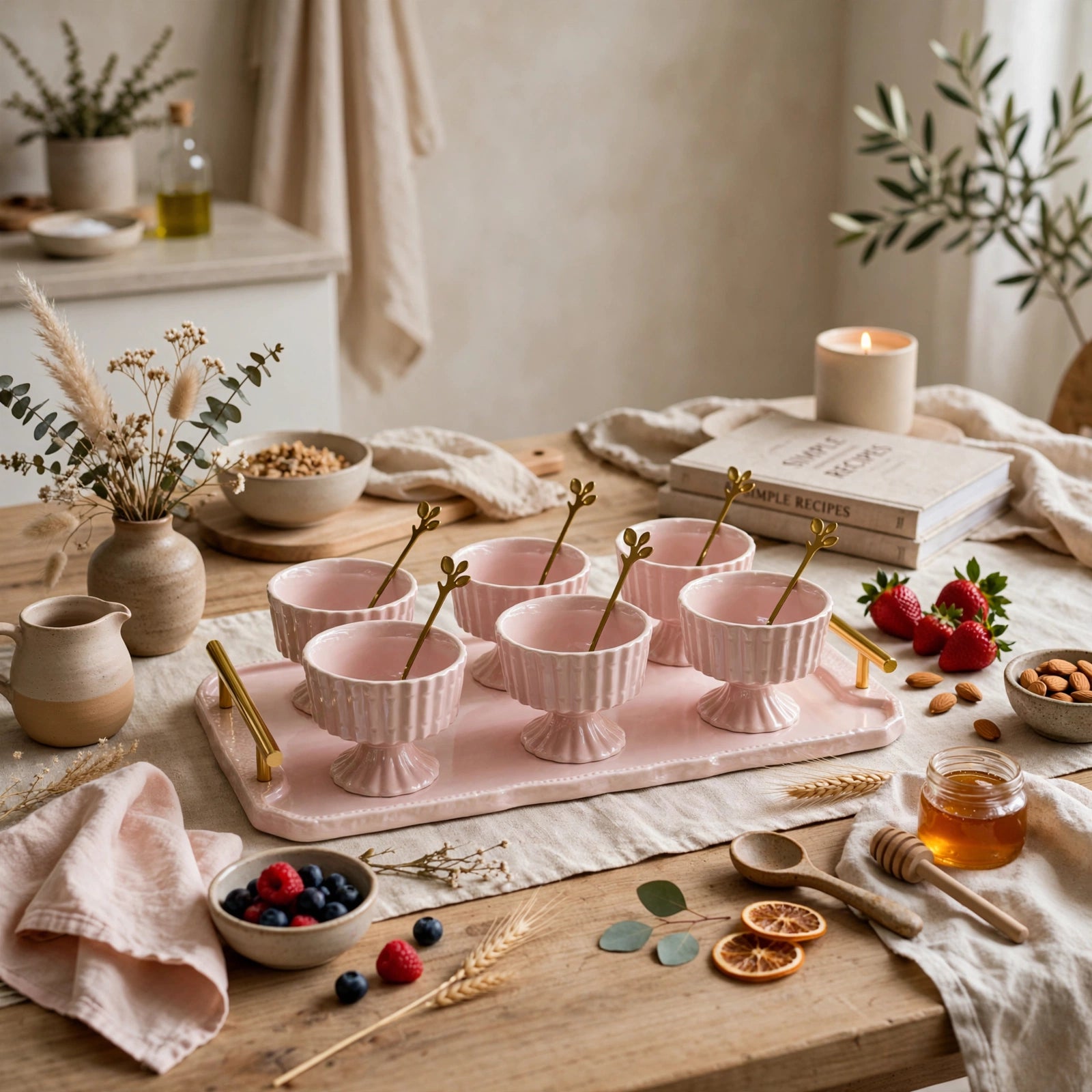 Elegant Ice Cream Cups with Gold Leaf Spoons & Tray 13 Piece